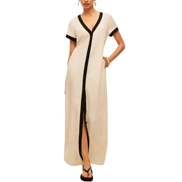 Commense Dresses & Skirts - Commense Apricot Black Contrast Trim Button Front Maxi Dress XS NWT Beige